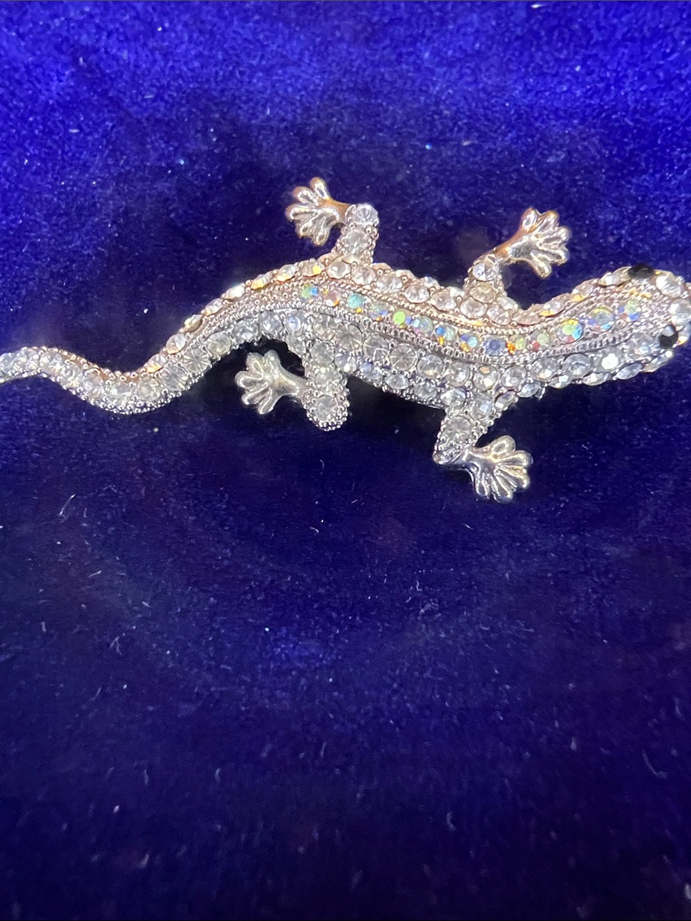 La Belle Crystal Lizard Brooch - Rhinestone Gecko Pin in Silver Signed, Pristine